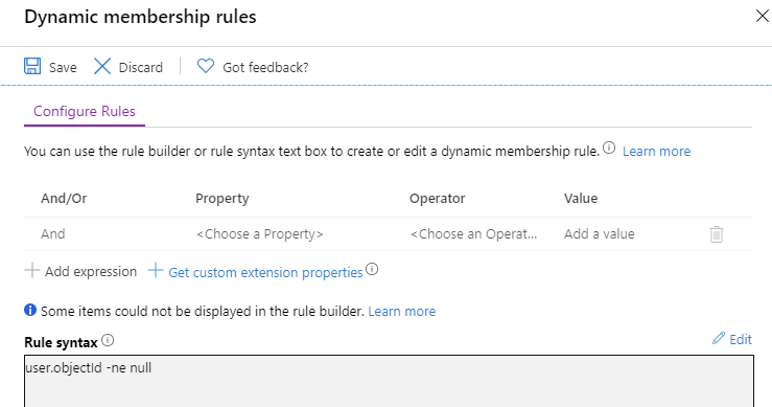 Screenshot of the Dynamic Group membership rule generator.  In this dialog you can add rules to let you define exactly what users can be a part of the group.  You could set up a rule that includes on members from a specific country.