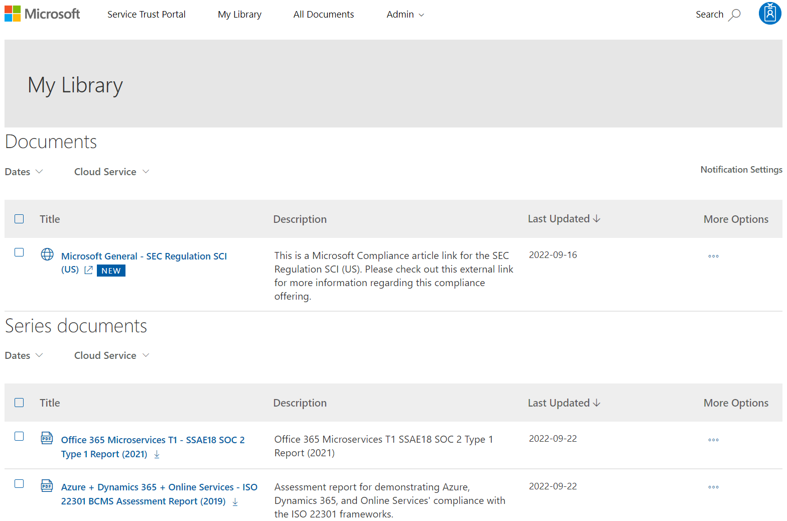 Screenshot of the documents listed in the My Library page.
