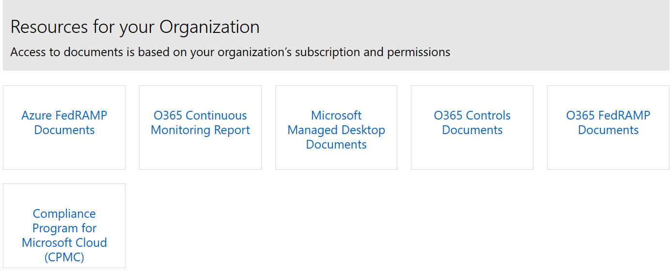 Screenshot showing tiles available in the resources for your organization section of the Service Trust Portal home page.