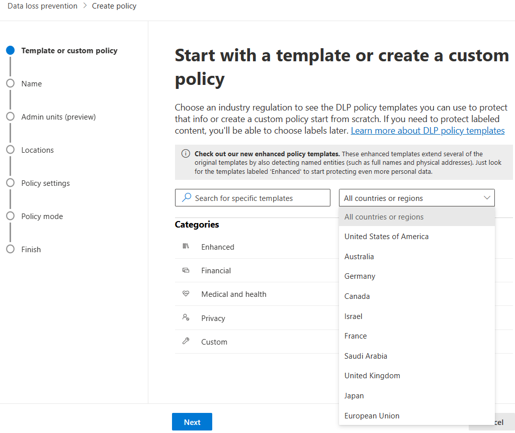 A screen capture of the landing page when creating a DLP policy. The screen shows the option of starting with a template or custom policy.