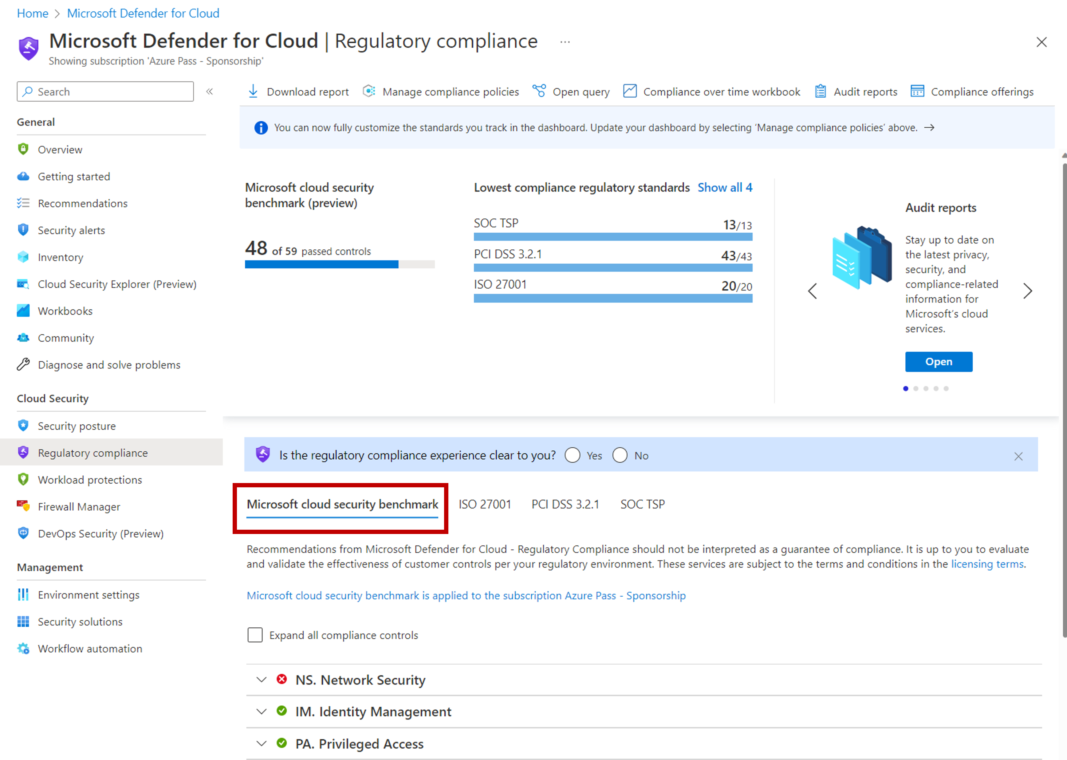 Screenshot of Microsoft Defender for Cloud showing status of regulatory compliance against Microsoft cloud security benchmark.