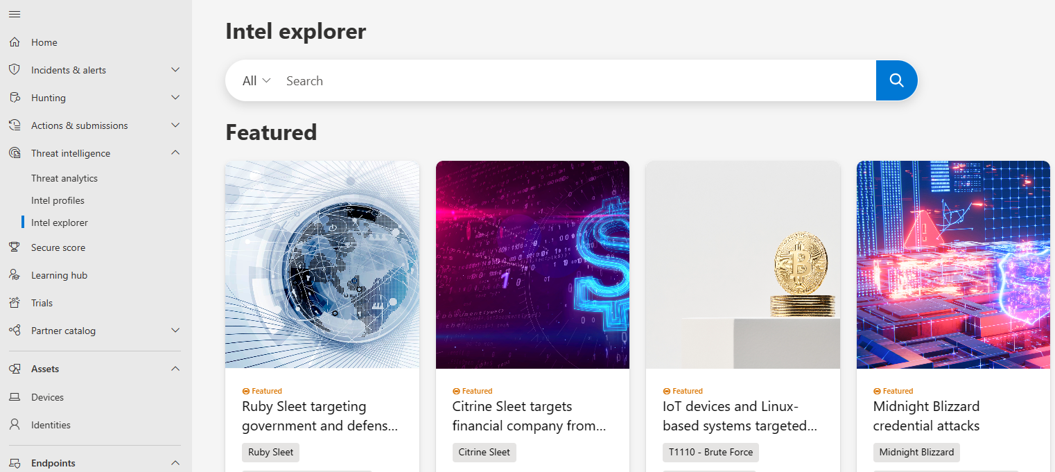A screenshot of the home page for Microsoft Defender Threat Intelligence.