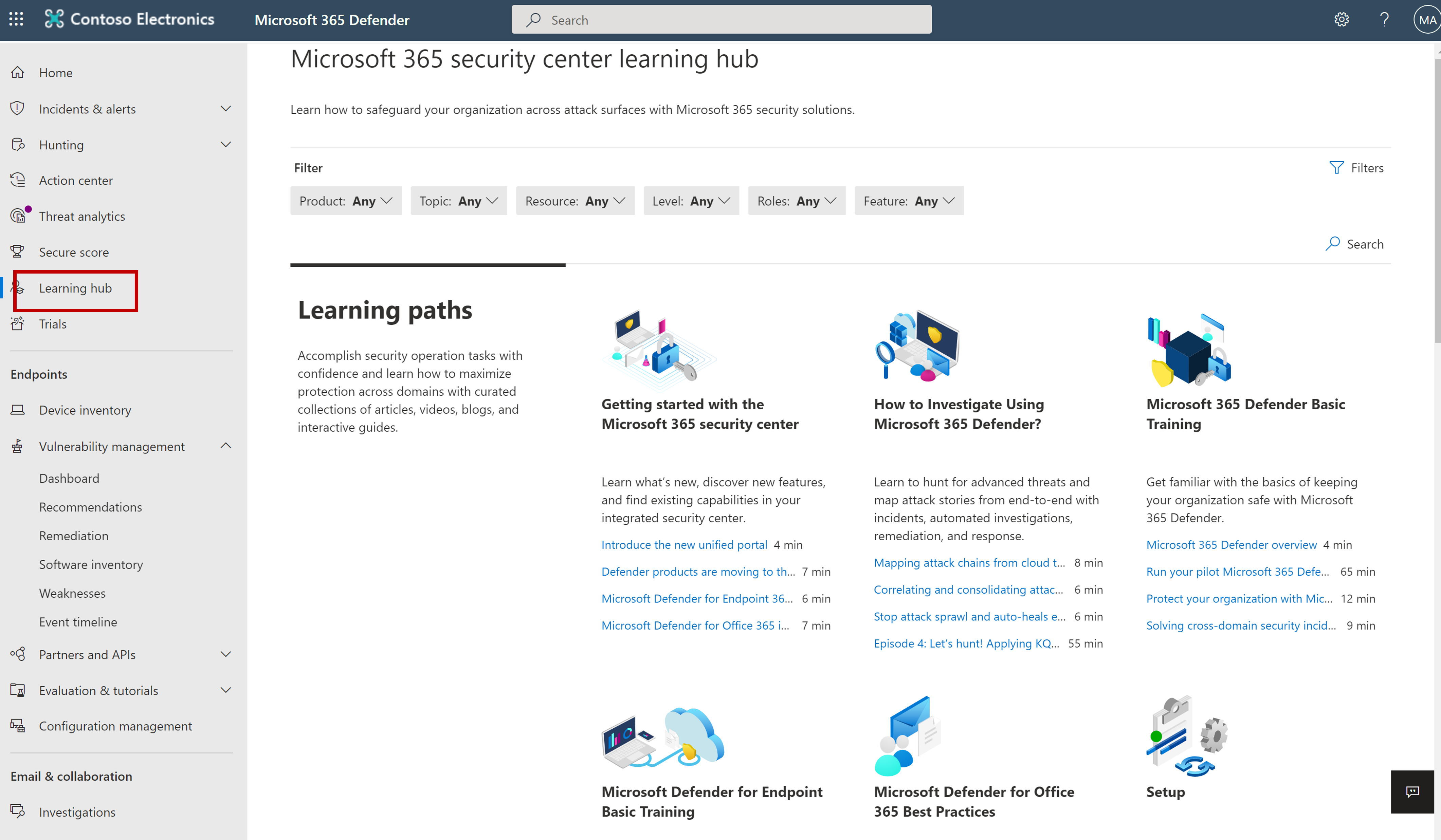 Screenshot showing the learning hub page.