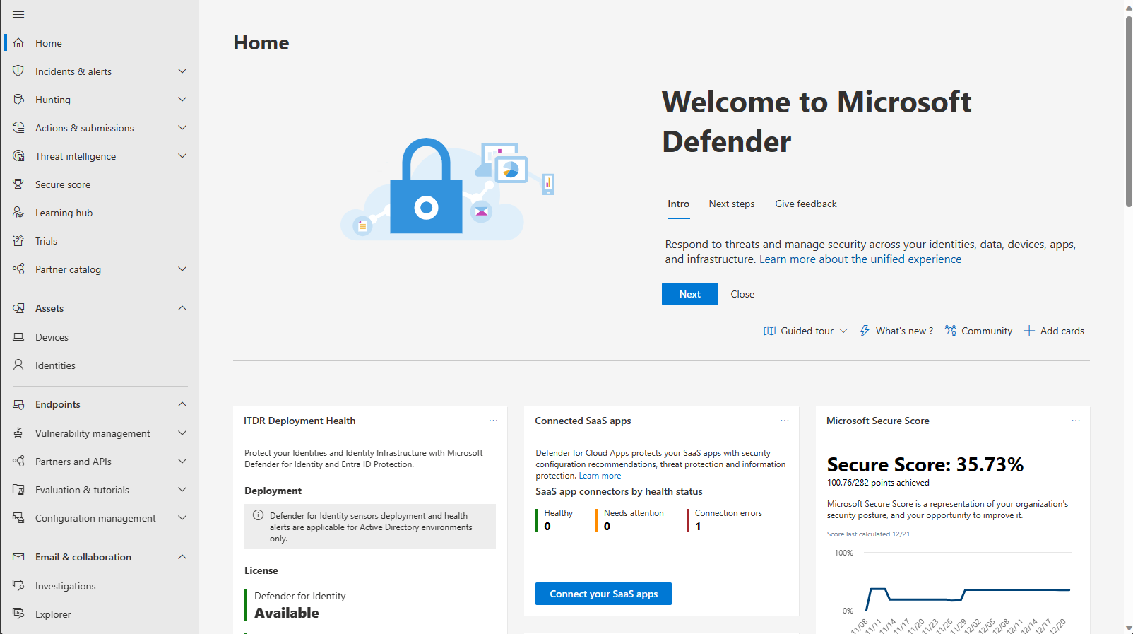 A screenshot of the Microsoft Defender portal home page.