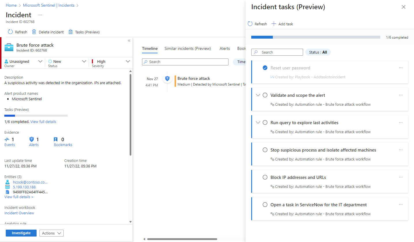 Screenshot of incident tasks panel for analysts on incident details screen.