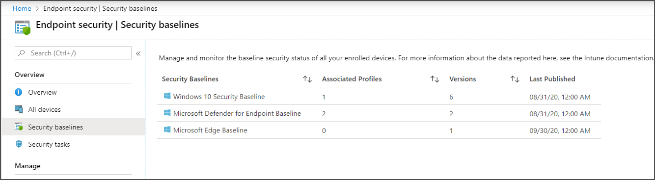 Screenshot of selecting a security baseline to configure.