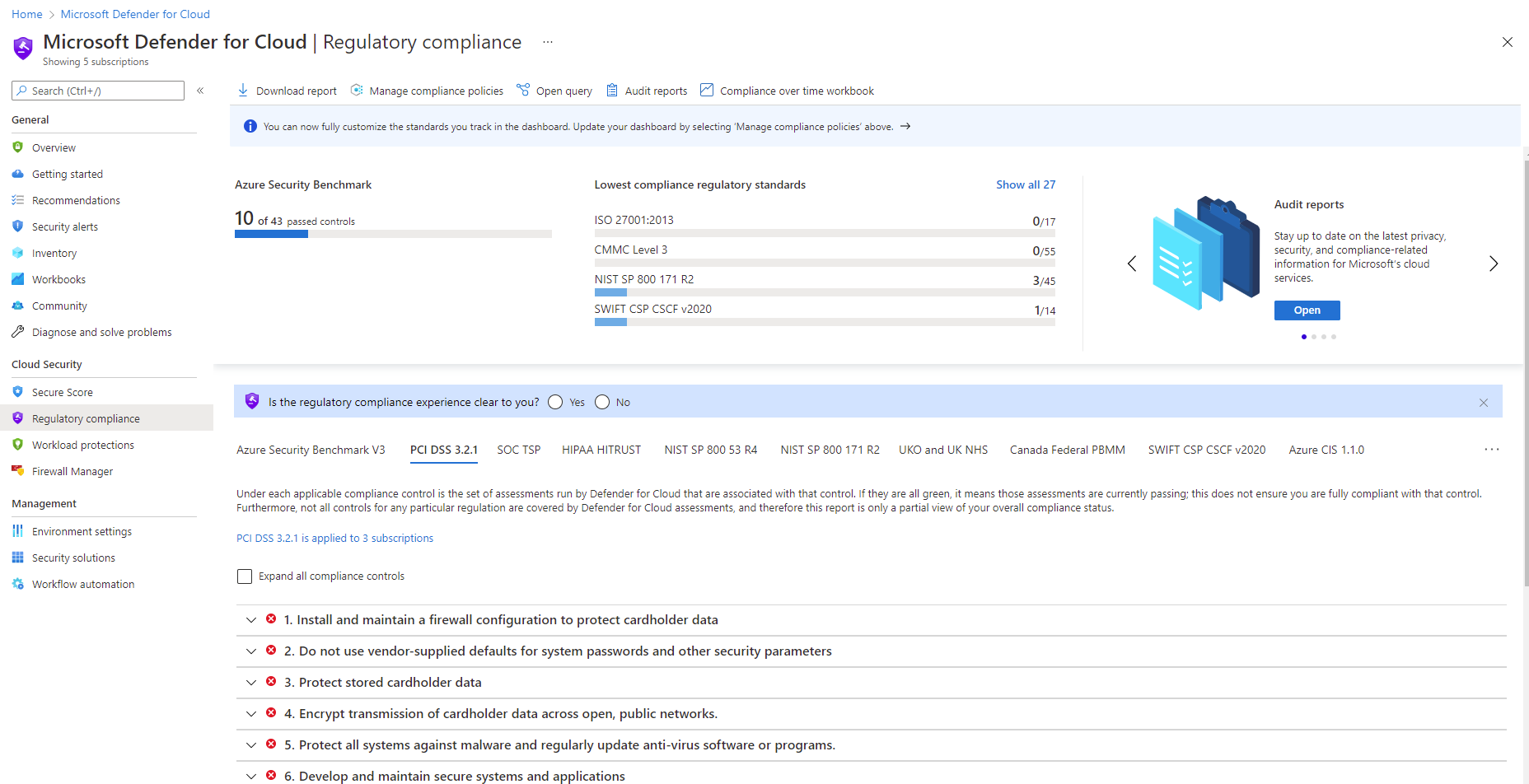 Screenshot showing an example of the Regulatory Compliance Dashboard in Microsoft Defender for Cloud.