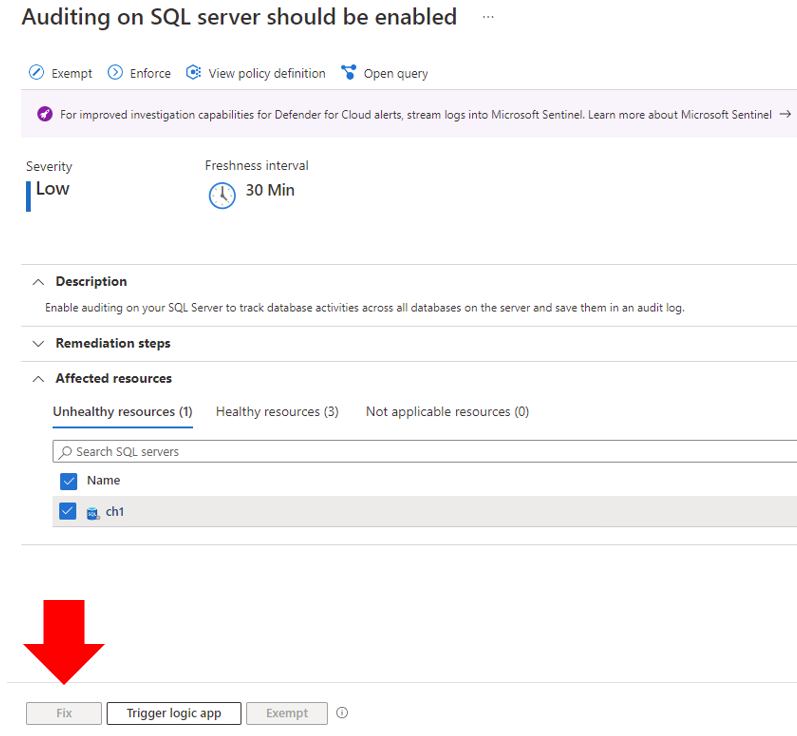 Screenshot that shows auditing for SQL Server enabled.