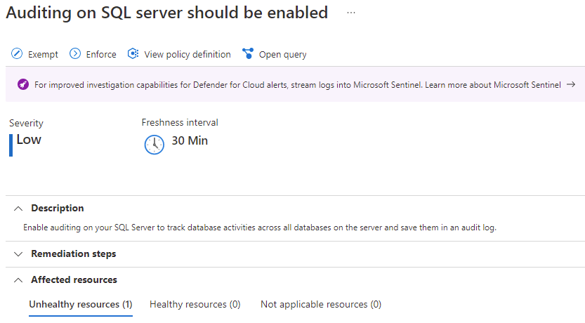 Screenshot showing auditing on SQL Server.