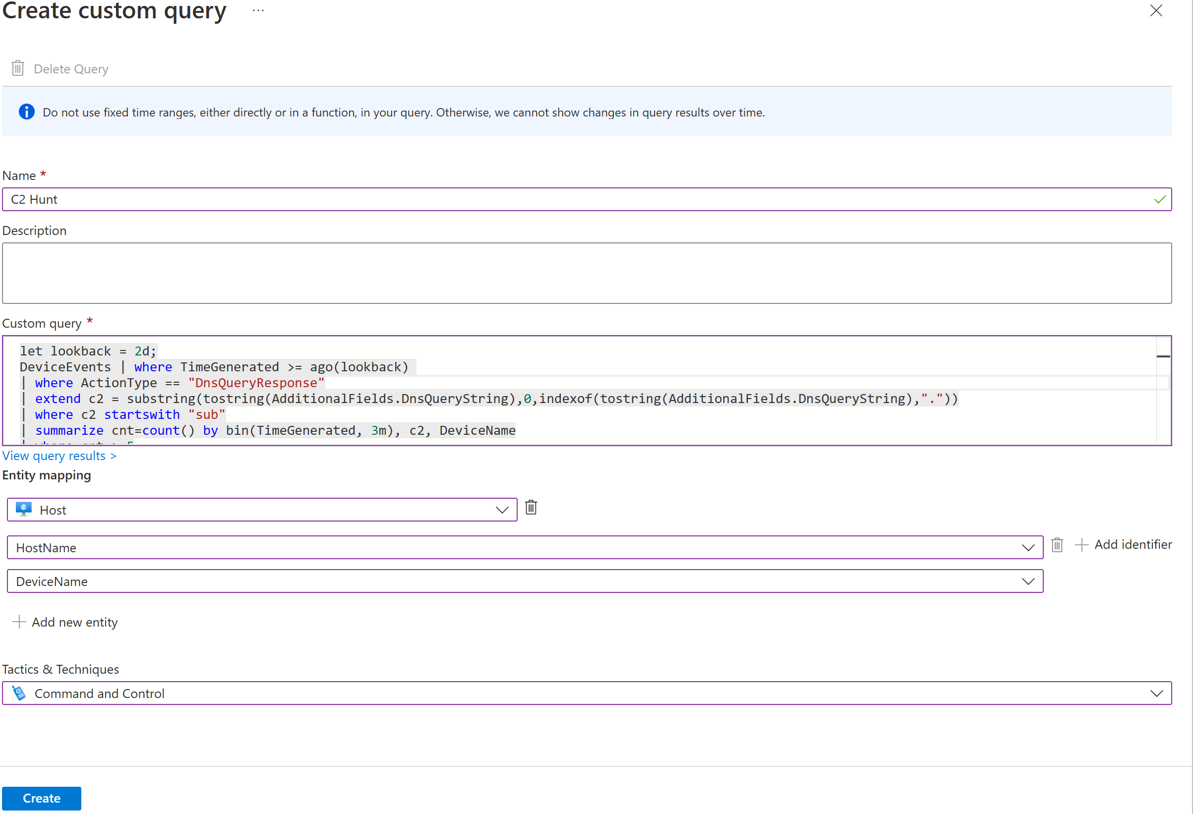 The page for creating a custom query in Microsoft Sentinel.