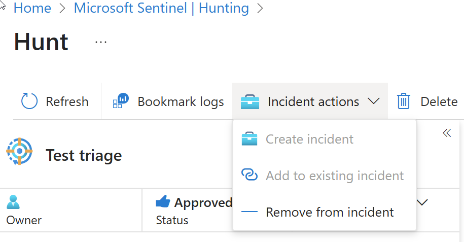 Screenshot of the drop-down menu for incident actions in Microsoft Sentinel.