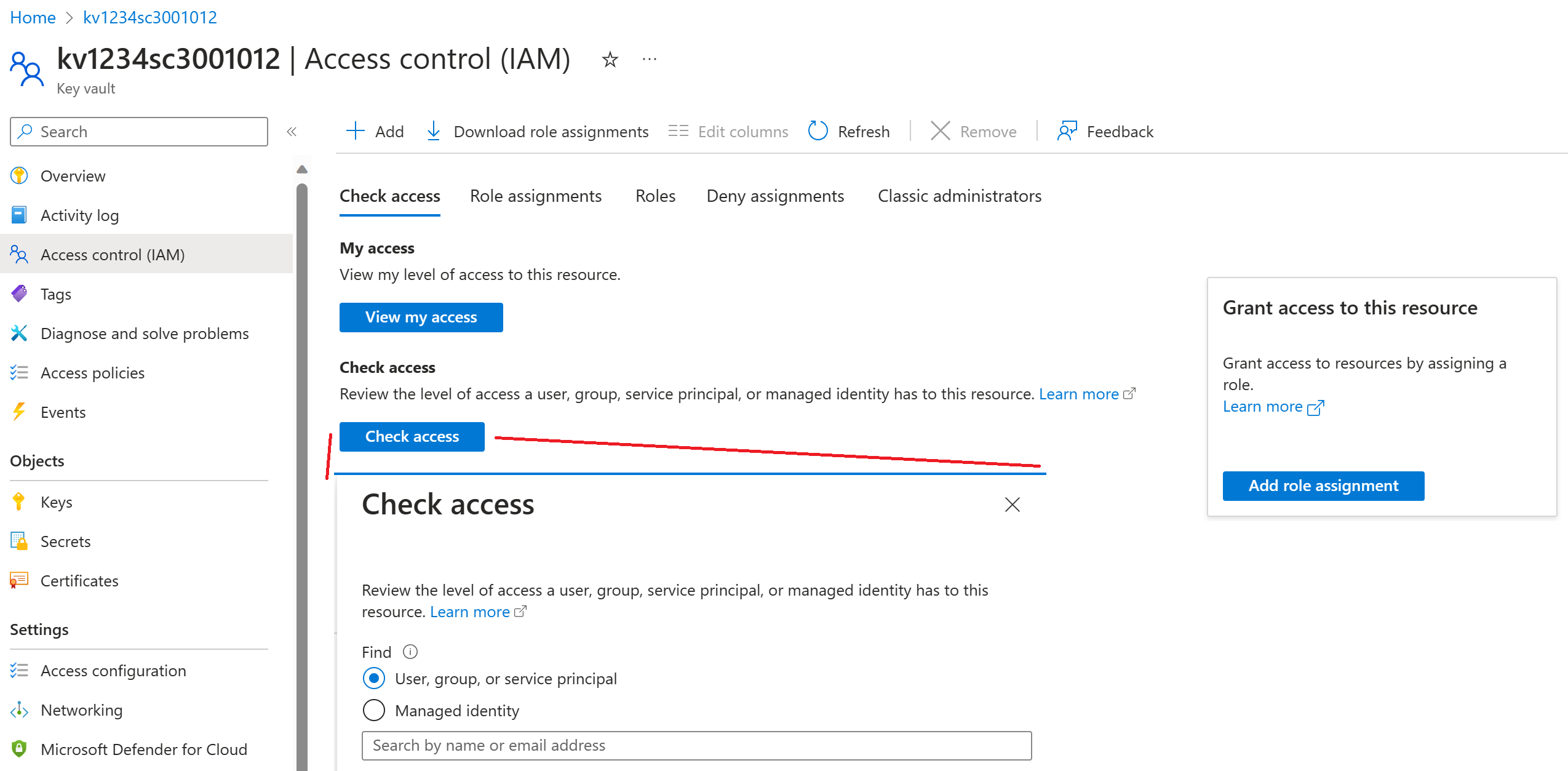 Screenshot of the key vault management screen with the Identity and Access (IAM) screen open.  Ready to assign a role.