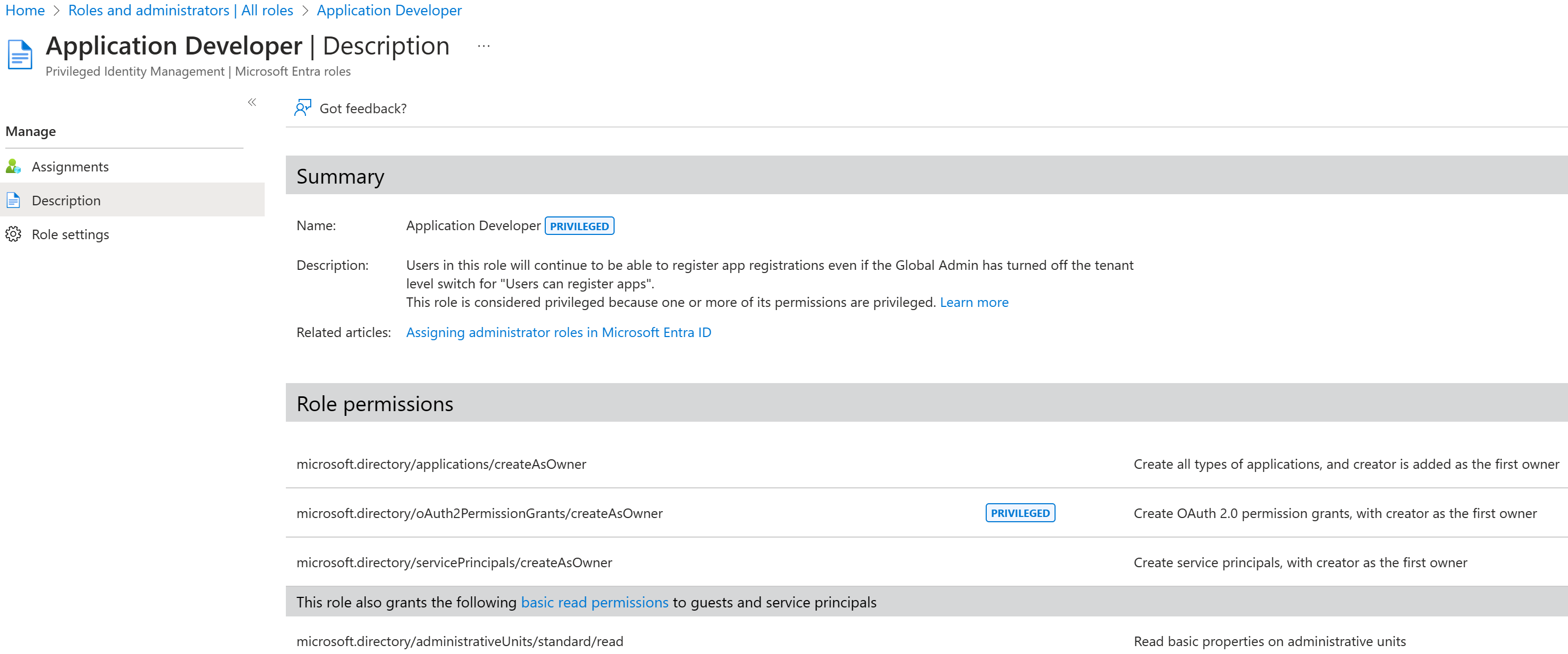 Screenshot of the Attribute definition reader.  You can see which permissions a built-in role grants.