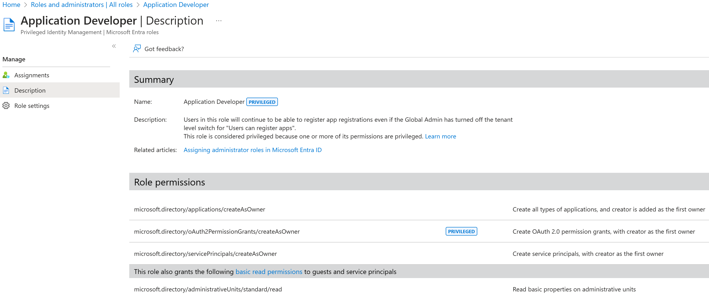 Screenshot of the Attribute definition reader. You can see which permissions a built-in role grants.