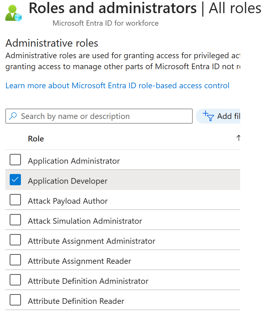 Screenshot of the Roles and administrators screen in Microsoft Entra ID. List of roles that can be applied.
