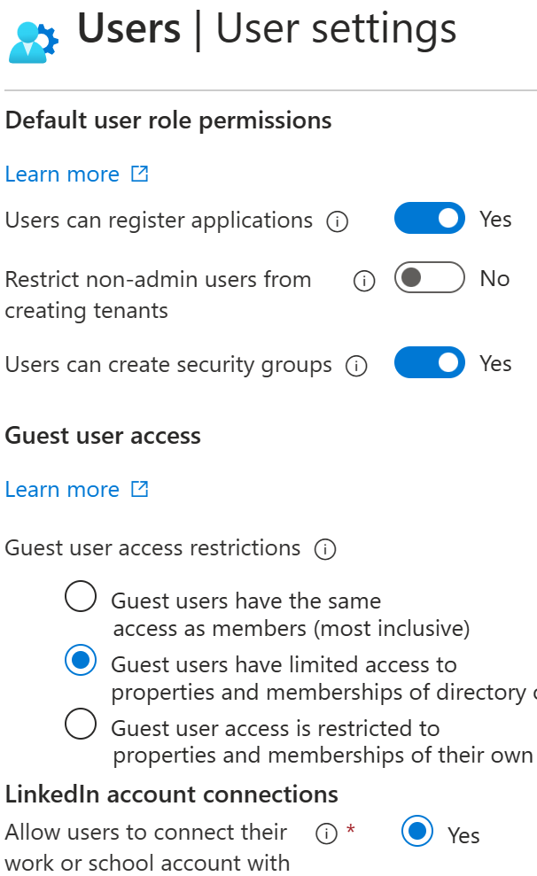 Screenshot of the Microsoft Entra user settings, where permissions can be restricted.