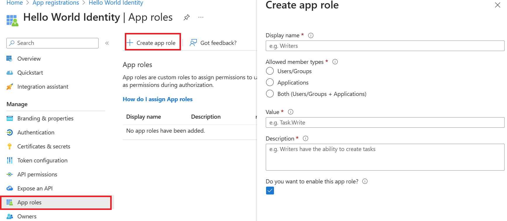 Screenshot of the  app roles configuration wizard with create app role highlighted.