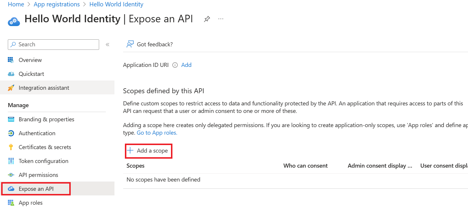 Screenshot of an app registration's Expose an API pane in the Azure portal.