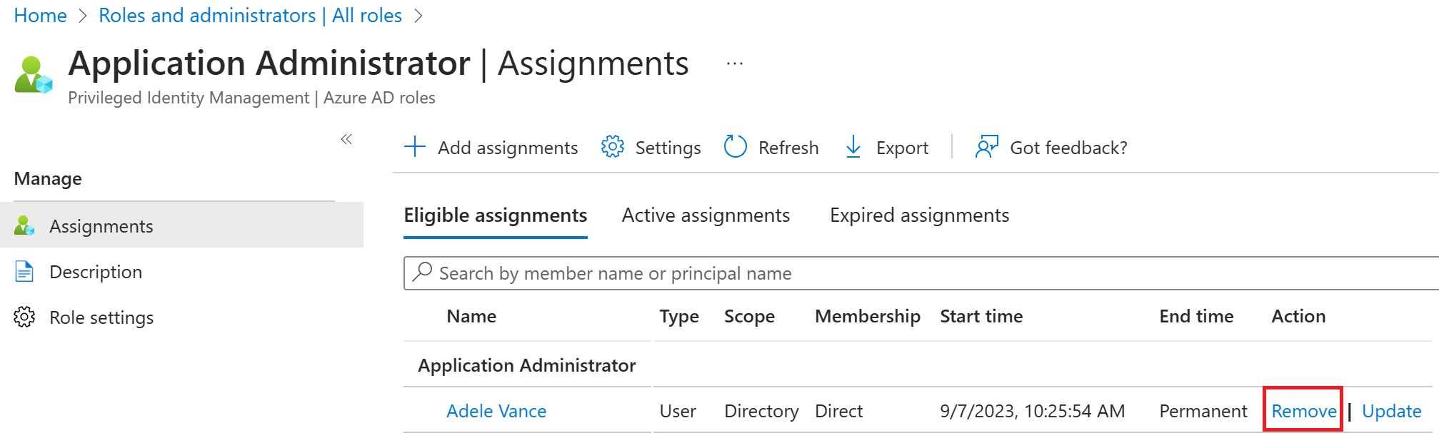 Screenshot of the Remove assignments dialog box with Yes highlighted.