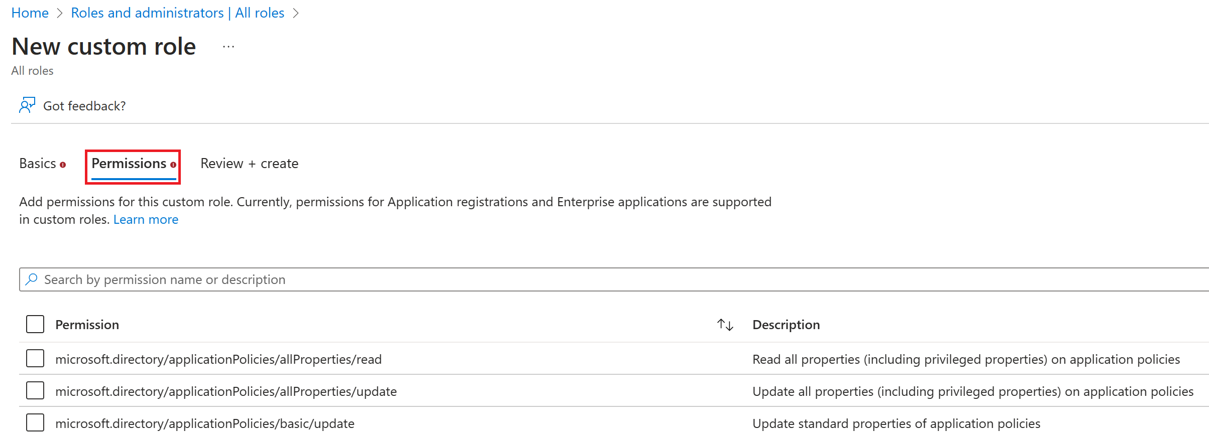 Screenshot of the Select the permissions for a custom role on the Permissions tab.