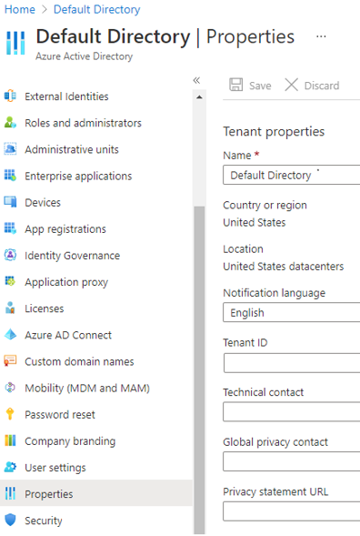 Screenshot of the Azure A D properties dialog box. Configure the definition of your tenant.