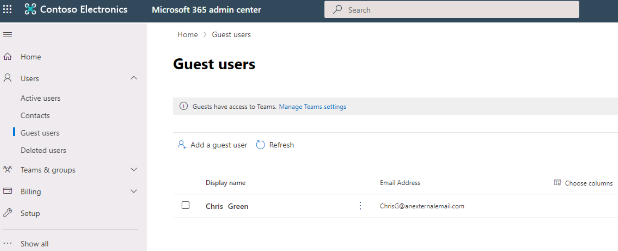 Screenshot of the Microsoft 365 admin center, opened to the guest users page.