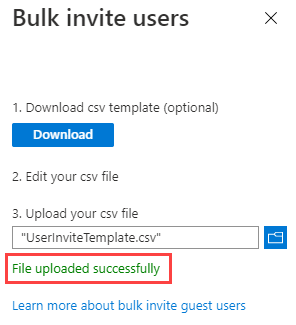 Screenshot of the Bulk invite users with File uploaded successfully message highlighted.