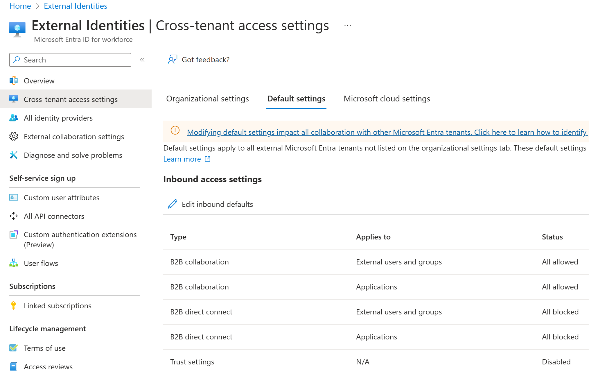 Screenshot of the Microsoft Entra ID external identities cross-tenant access controls dialog. Configure inbound and outbound access.
