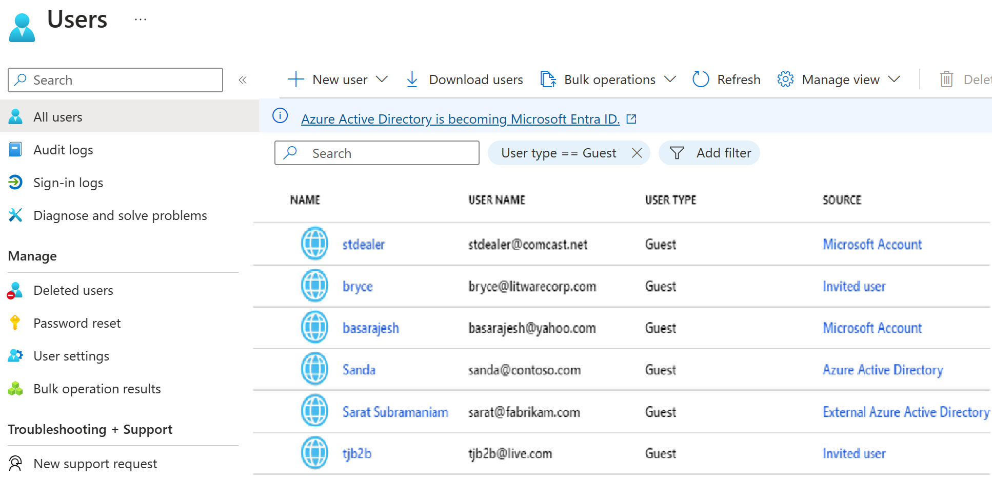 Screenshot of the Azure AD User's screen showing the filter for guest users.