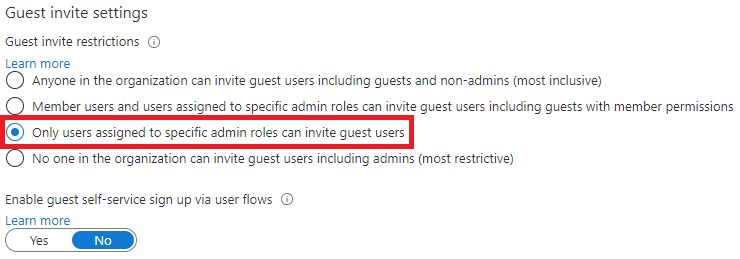 Screenshot of the guest invite settings with the Guests can invite set to No and highlighted.