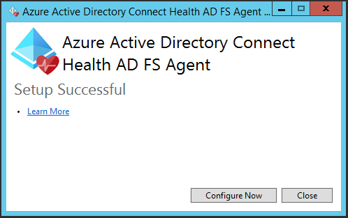 Screenshot of the installation window for the confirmation message for the Azure A D Connect Health A D F S agent installation.