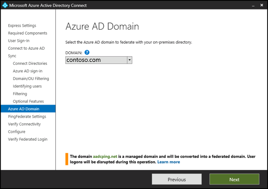 Screenshot of Azure A D Connect interface showing the domain you want to create a federation with.