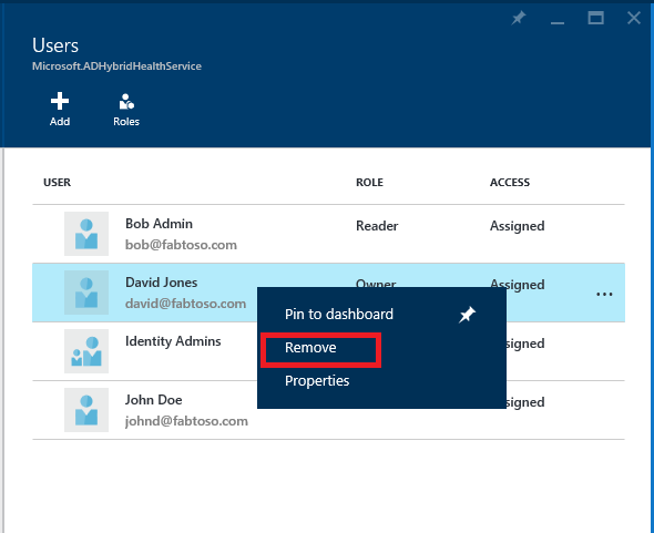 Screenshot of Azure A D Connect Health and Azure R B A C with Remove highlighted.