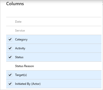 Screenshot of the audit log columns.  Some of the fields have been selected to Remove.