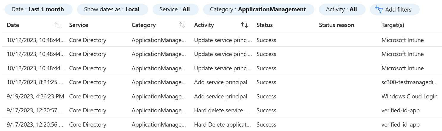 Screenshot of a sample Audit logs. You can work with the common values noted above, like date and status.