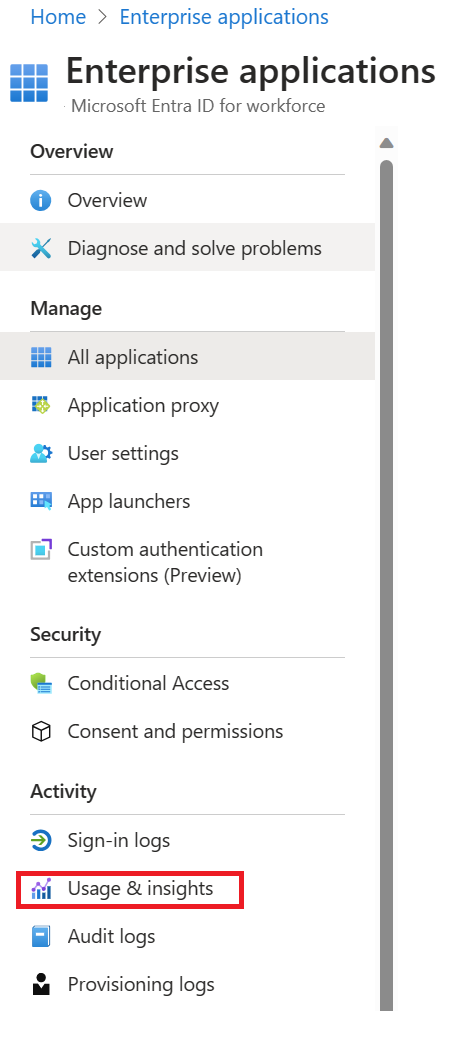 Screenshot of the Usage and insights selected from the Activity section. Use the report to gain insights.