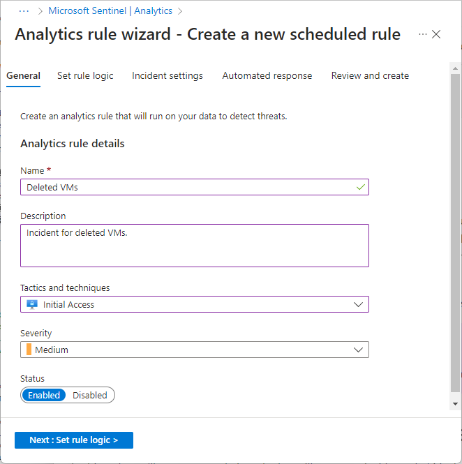 Screenshot of the page for creating a new rule in the Analytics Rule wizard.