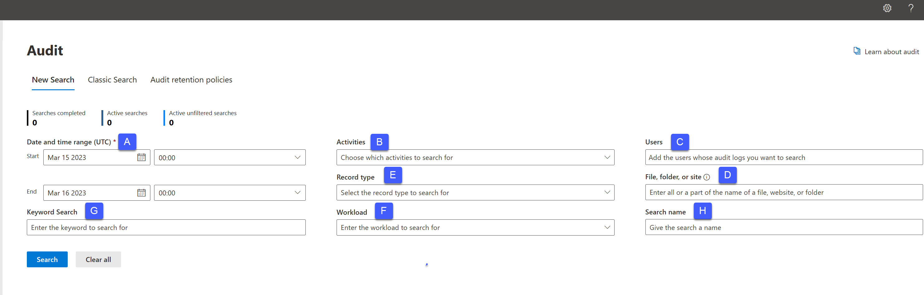 Screenshot of the Audit page in the Microsoft Purview compliance portal showing the various settings that can be configured.