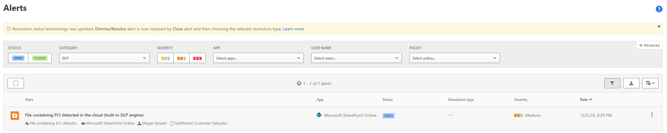 Screenshot of alerts screen example.