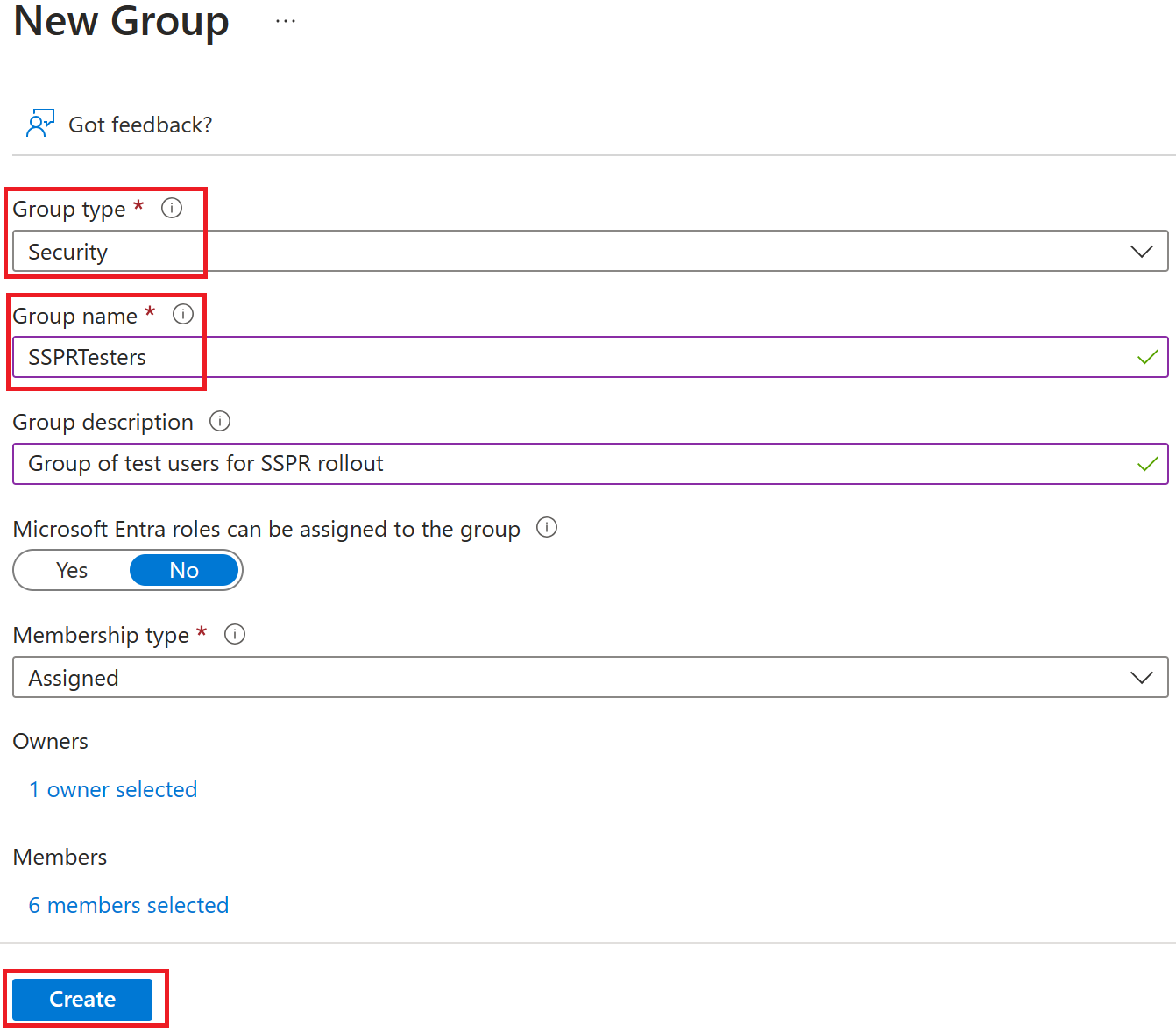 Screenshot of the New Group screen with group type, group name, and create highlighted.
