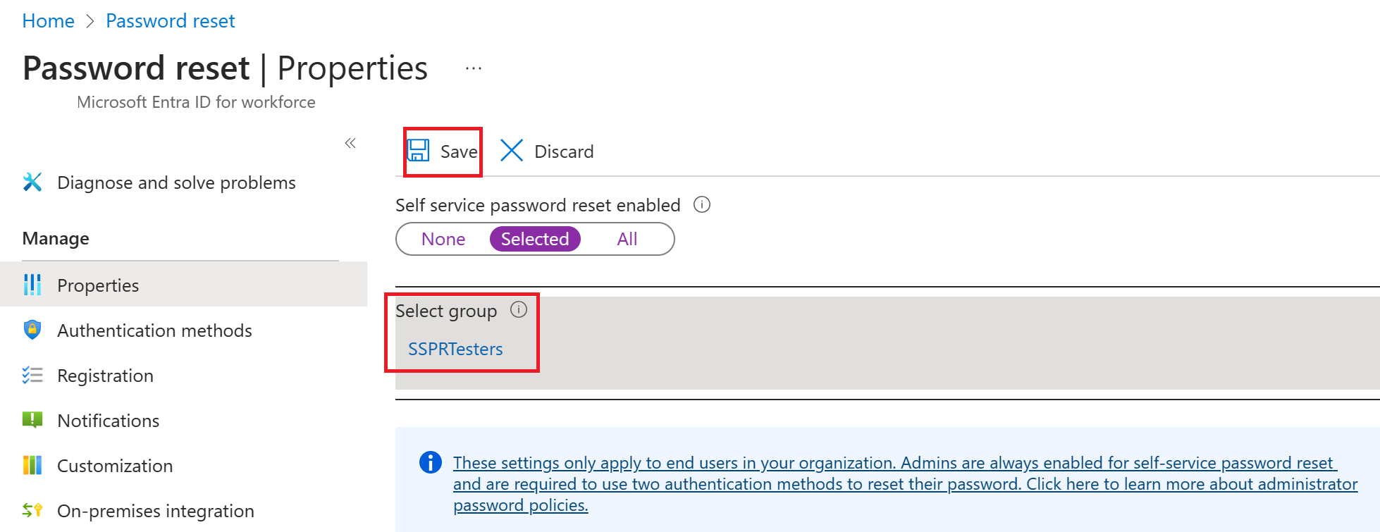 Screenshot image displaying the Password reset properties page.