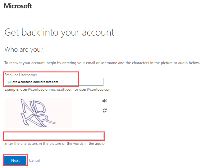 Screenshot of the Get back into your account page with Email or Username, captcha box.