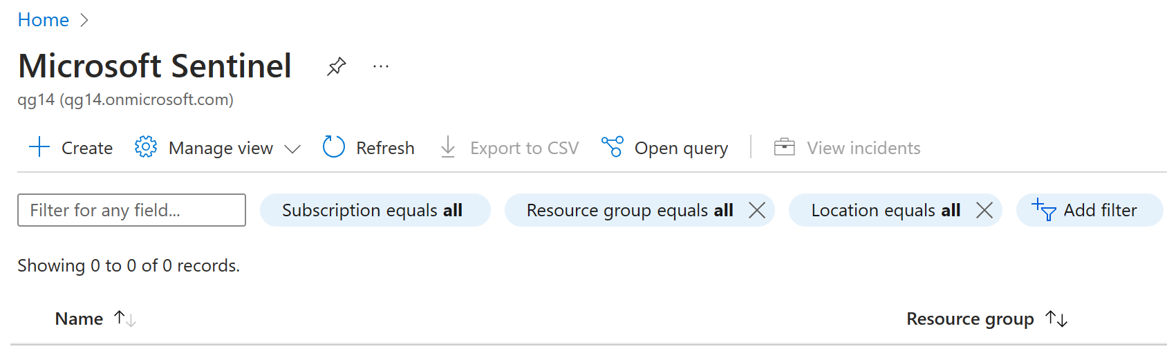 Screenshot of Azure Sentinel screenshot that shows the initial configuration screen that allows you to create a new KQL (Kusto Query Language) queries.