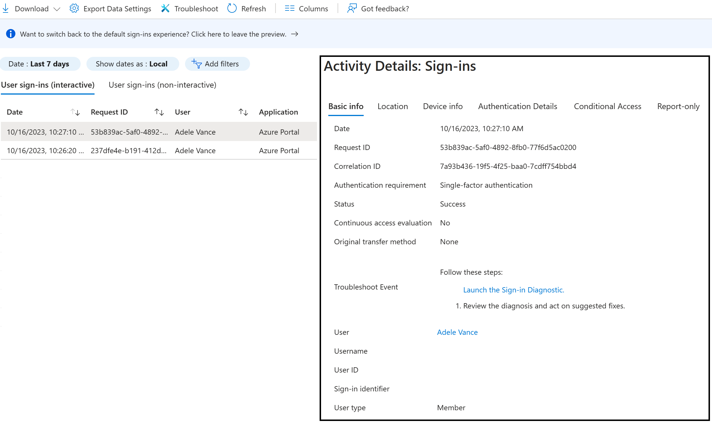 Screenshot shows a detailed information view. Get the details from the report on sign-ins.