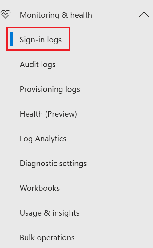 Screenshot of the Sign-ins selected from the Monitoring menu. Track what report you want to review.
