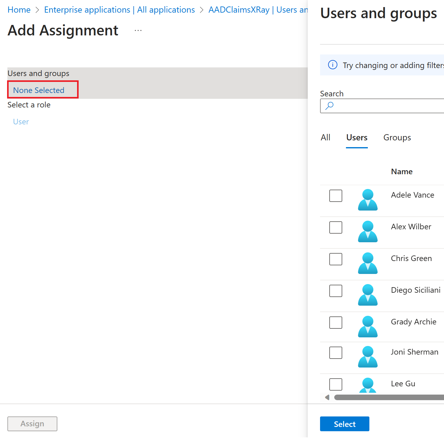 Screenshot of add a user account assignment to an app with the Select button highlighted.