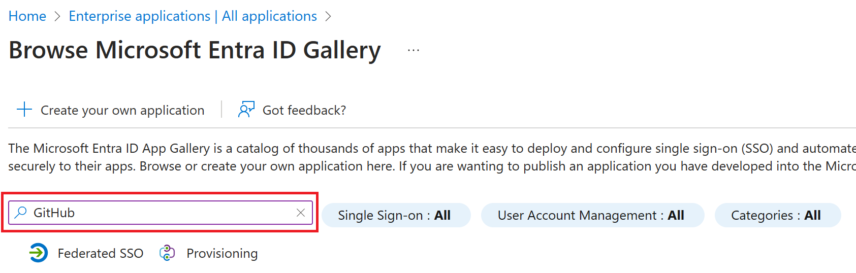 Screenshot of the browse Microsoft Entra ID Gallery screen with the search box highlighted.
