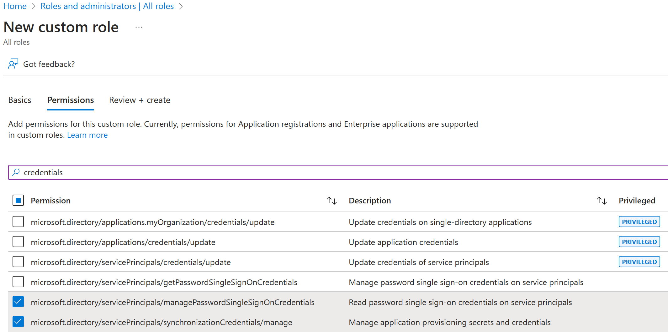 Screenshot of the New custom role Permissions tab with search, manage permissions, and Next highlighted.