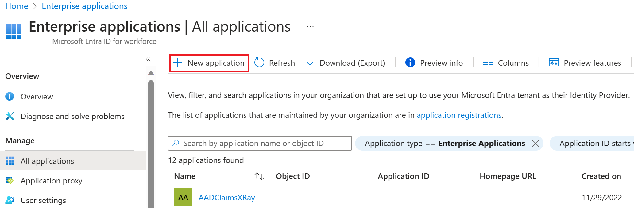 Screenshot of the Enterprise applications screen with New application highlighted.