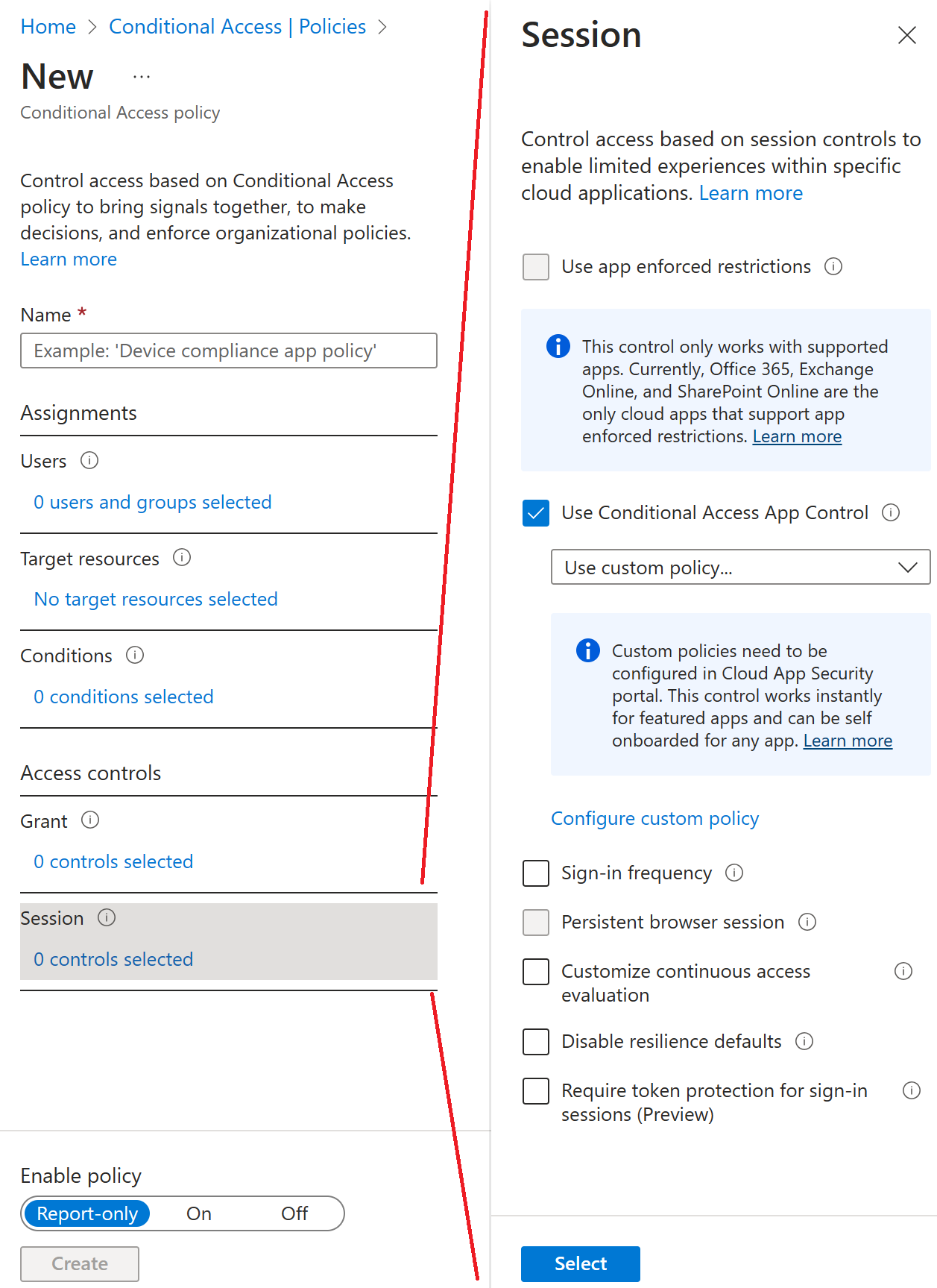 Screenshot of Azure A D Conditional Access policy wizard with the Use Conditional Access App Control highlighted.